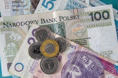 2 zloti, 1 zloti ve grosz dahil olmak üzere Polonya banknotları ve sikkeleri. Polonya 'da finans, ekonomi ve ulusal parayı sembolize eden para birimi kavramı. 
