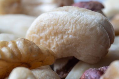 Karışık fındıklar arasında tek kaju fıstığının yakın çekim makrosu, desen ve doğal renk. Yemek, beslenme ve sağlıklı beslenmeyle ilgili konular için ideal..