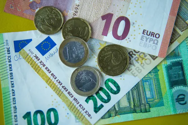 10, 100 ve 200 avroluk banknotlar da dahil olmak üzere çeşitli banknotlar ve paralar. Avrupa para biriminin renkli bir temsili.