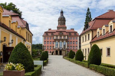 Avrupa 'da güneşli bir yaz gününde simetrik bahçe yolu, budanmış çalılar ve kaldırım taşları olan tarihi pembe bir kale manzarası.