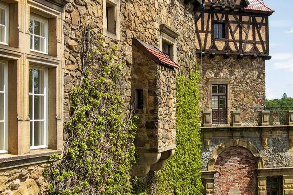 Güneşli bir günde Avrupa 'nın tarihi kale duvarına taş ustaları, sarmaşıklar, ahşap çerçeveler ve klasik pencerelerle yakın çekim.