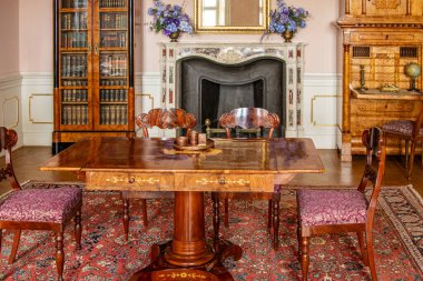Ahşap bir masa, süslü sandalyeler, klasik şömine, kitap rafları ve 19. yüzyıl tarzı lüks mobilyaları olan zarif bir antika iç mekan..
