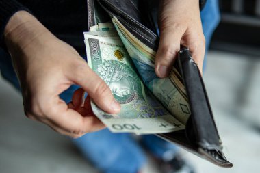 Cüzdandan 100 Polonyalı 'nın zloti banknotunu çıkartırken yakın plan çekilmiş. Nakit işlem, finans, kişisel harcama veya bütçe kavramı.