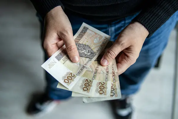 Birden fazla Polonyalı zloti banknotunu tutan eller yayıldı. Polonya 'da nakit, ödeme, mali istikrar veya gelir sembolü.