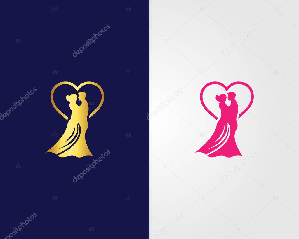 Elegant Wedding Couple Silhouette in a Heart Shape Logo Design Vector Template.