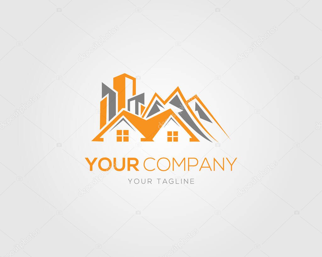 Real Estate with House, Mountain, and City Elements Logo Design Minimalist Modern Vector Template.