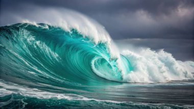 Güçlü bir turkuaz okyanus dalgası çarpıyor dramatik fırtınalı gökyüzü altında