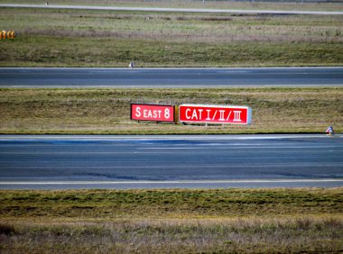 Çimenli bir yol kenarında 8 CAT I / II / III 'ü gösteren bir otoyol tabelası. Tabela kaldırımlı bir yolun ve açık alanların zemininde belirgin bir şekilde sergileniyor.