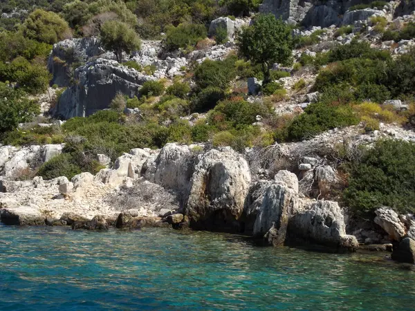 Bereketli yeşillik ve berrak turkuaz sularla kayalık sahil manzarası. Kayalık arazi çalılar ve ağaçlarla karışıyor ve doğal bir manzara yaratıyor..