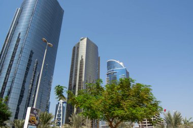 Önünde yeşil bir ağaç olan açık mavi gökdelenlere karşı modern gökdelenlerin manzarası. Binalarda yansıtıcı cam cepheler ve çağdaş mimari yer alıyor..