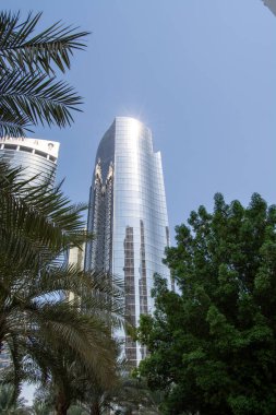 Palmiye ağaçları ve açık mavi gökyüzünün altında yemyeşil yemyeşil bir gökdelenle çevrili, yansıtıcı cam bir cephesi olan modern bir gökdelen..