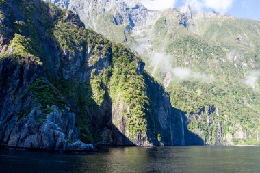 Bereketli yeşilliklerle kaplı sarp ve kayalık uçurumların çarpıcı manzarası sakin bir su kütlesinden dramatik bir şekilde yükseliyor. Sahne güneş ışığıyla aydınlatılır. Kayalıkların dokusunu ve su yüzeyindeki yansımaları vurgular..