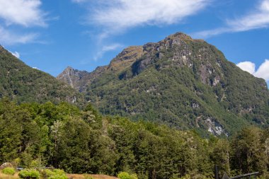 Parlak mavi gökyüzünün altındaki yemyeşil dağların manzarası ve dağınık bulutlar. Ön planda ağaçlar ve bitki örtüsü, canlı bir doğal manzara yaratıyor..