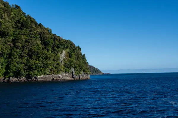 Bereketli yeşil bir tepenin berrak mavi bir gökyüzünün altında derin mavi okyanusla buluştuğu huzurlu bir kıyı manzarası. Manzara, canlı renkler ve sakin sularla doğanın güzelliğini gözler önüne seriyor..