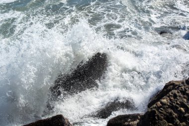 Dalgalar karanlık kayalara çarpıp köpüklü beyaz su püskürtüyor. Sahne, su yüzeyinden süzülen güneş ışığıyla okyanusun dinamik hareketini yakalar..