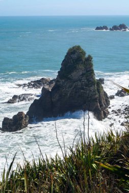 Çarpışan dalgalar ve ön planda yemyeşil yeşilliklerle çevrili önemli bir kaya oluşumunun yer aldığı engebeli bir kıyı manzarası..