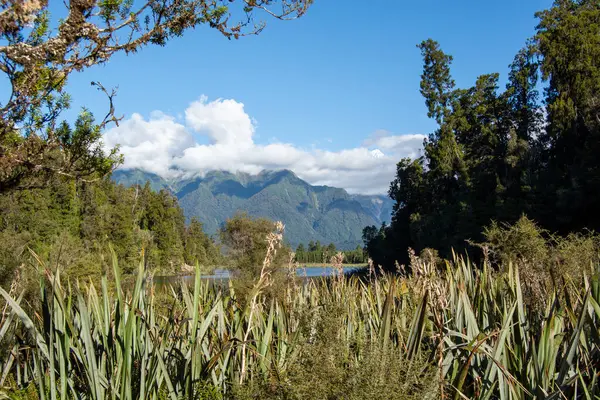 Bereketli yeşillik ve arka planda dağlarla çevrili sakin bir göl içeren sakin bir manzara. Gökyüzü birkaç bulutla temiz, barışçıl bir atmosfer yaratıyor..