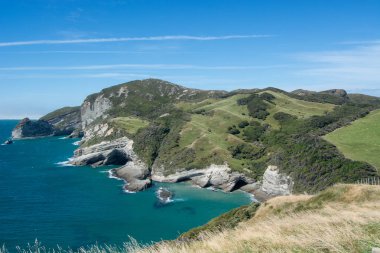 Engebeli uçurumlar, yemyeşil tepeler ve parlak bir gökyüzünün altında berrak mavi bir okyanusun olduğu manzaralı bir kıyı manzarası. Kıyı şeridi kayalık çıkıntılar ve yumuşak dalgalarla dolu..