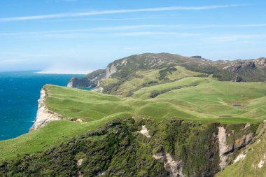 Uçurumlar ve açık mavi gökyüzü ile okyanusla buluşan yemyeşil tepelerin manzarası. Manzara hareketli tepeleri ve canlı bir kıyı şeridini barındırıyor, sakin ve resimsel bir atmosfer yaratıyor..
