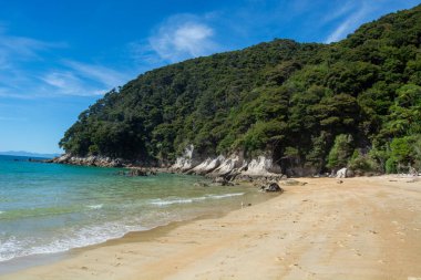 Altın kumun, turkuaz suların ve arka planda yemyeşil tepelerin olduğu sakin bir sahil sahnesi. Gökyüzü parlak mavi birkaç ince bulutla sakin bir atmosfer yaratıyor..