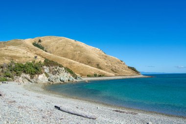 Çakıl taşlı bir sahil manzarası, berrak turkuaz sular ve parlak mavi bir gökyüzünün altında yuvarlanan tepeler..