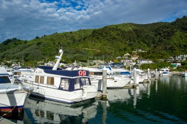Bereketli yeşil tepeler ve dağınık bulutlarla dolu berrak mavi gökyüzü ile çevrili çeşitli teknelerin bulunduğu sakin bir marina sahnesi..