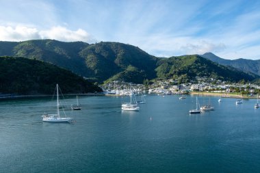 Sakin sularda demirlemiş birkaç yelkenlinin bulunduğu sakin bir liman sahnesi, yemyeşil tepelerle çevrili ve arka planda küçük bir sahil kasabası berrak mavi gökyüzünün altında..