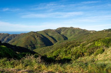 Berrak mavi gökyüzünün altındaki yemyeşil tepelerin ve vadilerin panoramik görüntüsü. Manzara, canlı bir doğal çevrenin göstergesi olarak yeşilin değişik tonlarında yuvarlanan dağlara sahiptir. Ufuk, uzaktaki okyanusu gösteriyor..