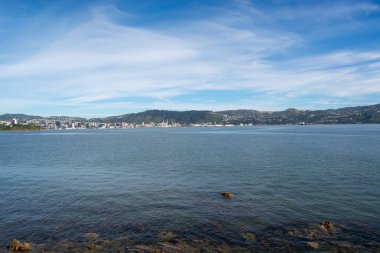 Sakin bir körfez manzarası, uzak şehir silueti ve ince bulutlu mavi gökyüzünün altındaki tepeler..