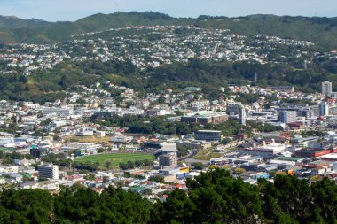 Dağlık bir arazide yuva yapmış panoramik bir şehir manzarası, açık mavi gökyüzünün altında konut ve ticari binaların, yeşil alanların ve uzak tepelerin karışımını sergiliyor..
