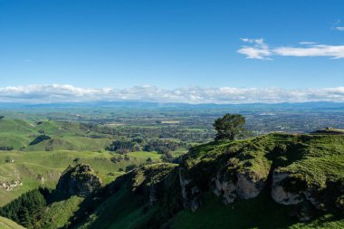Berrak mavi bir gökyüzünün altında yuvarlanan yeşil tepelerin panoramik manzarası, kayalık bir çıkıntıda yalnız bir ağaç. Manzarada yemyeşil bitki örtüsü ve uzak dağlar var. Huzurlu ve resimsel bir manzara yaratıyor..