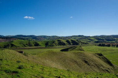 Berrak mavi gökyüzünün altındaki yemyeşil tepelerin panoramik görüntüsü. Manzarada kayan tepeler, sakin bir vadi ve uzak dağlar var. Huzurlu bir kırsal manzara yaratıyor..