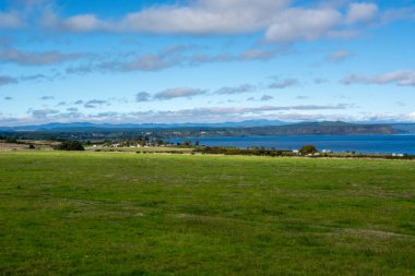 Bereketli yeşil bir tarlanın manzarası, bulutlu bir gökyüzünün altındaki uzak dağlarla durgun mavi bir denize açılıyor. Manzara sakin ve resim gibi. Doğa aşıkları için ideal..