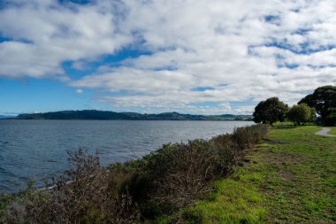 Sakin suların, yemyeşil çimenlerin ve mavi gökyüzünde dağınık bulutların olduğu sakin bir göl manzarası. Manzara uzak tepeleri ve kıyı boyunca uzanan ağaçları kapsıyor..