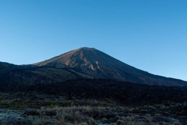 Görkemli bir volkan, engebeli yamaçlarını ve kayalık arazisini gösteren açık mavi bir gökyüzüne doğru yükselir. Ön planda volkanik manzarayı vurgulayan seyrek bitki örtüsü yer almaktadır..