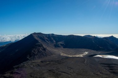 Berrak mavi bir gökyüzünün altındaki volkanik bir manzaranın panoramik görüntüsü. Engebeli arazi, uzak bir zirvesi ve görülebilir bir buzulu olan karanlık volkanik kaya oluşumlarına sahiptir. Sahne, doğanın katıksız güzelliğini yakalar. 