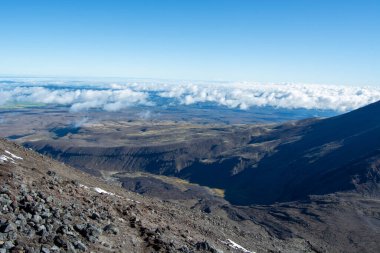 Bir dağ zirvesinden panoramik bir manzara, açık mavi gökyüzünün altında yuvarlanan tepeler ve vadilerle geniş bir manzarayı gösteriyor. Ön planda kayalık arazi var, bulutlar ufukta süzülürken..