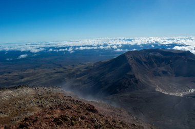 Volkanik bir zirveden nefes kesici bir manzara, engebeli araziler ve uzak bulutlar. Manzara, açık mavi bir gökyüzü altında kayalık yüzeyler ve volkanik oluşumların bir karışımını içerir..