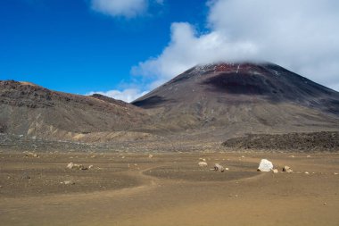 Uçsuz bucaksız, çorak bir arazi. Mavi bir gökyüzünün altında belirgin bir yanardağ ve dağınık bulutlar. Ön planda kayalık arazi ve seyrek bitki örtüsü gösterilirken, volkanın karla kaplı zirvesi ve kırmızımsı kahverengi yamaçları vardır..