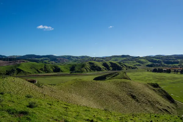 Berrak mavi gökyüzünün altındaki yemyeşil tepelerin panoramik görüntüsü. Manzarada kayan tepeler, sakin bir vadi ve uzak dağlar var. Huzurlu bir kırsal manzara yaratıyor..