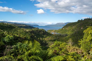 Bereketli yeşil bir vadi manzarası huzur dolu bir göle açılıyor. Mavi gökyüzünün altında tüylü beyaz bulutlarla çevrili dağlar..