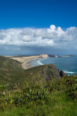 Engebeli bir kayalık, bereketli bir yeşillik ve kıyı boyunca uzanan kumlu bir plaj içeren çarpıcı bir kıyı manzarası..