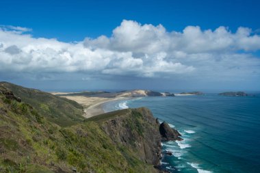 Kumlu bir plaj, dalgalı tepeler ve parçalı bulutlu bir gökyüzünün altında canlı mavi bir okyanus içeren çarpıcı bir kıyı manzarası. Sahne, kayalıklarda yemyeşil bir doğanın güzelliğini yakalar..