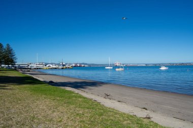 Berrak mavi bir gökyüzü, sakin bir su ve kumlu bir sahil manzarası. Küçük tekneler suya demir atıyor ve ağaçlar plaj bölgesinde huzur dolu bir atmosfer yaratıyor..