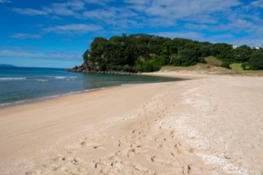 Yumuşak kum ve kıyıda dalgaların dalgalandığı sakin bir sahil sahnesi. Yeşillik yemyeşil ve kayalık bir kayalık arka planda görülebilir. Parlak mavi gökyüzünün altında dağınık bulutlar var..