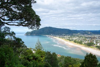 Kumlu bir sahil manzarası, yemyeşil bir kumsal ve uzak bir dağ. Gökyüzü parçalı bulutlu, sakin bir atmosfer yaratıyor..