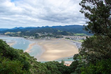 Nehir kıyıları, kumlu kıyılar ve bulutlu bir gökyüzünün altındaki uzak dağlardan oluşan kıyı manzarası. Ön plan yeşilliklerle doludur, botlar suda görünür..