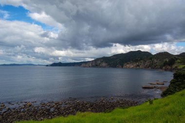 Kayalık kıyıların ve bulutlarla dolu dramatik bir gökyüzünün altında sakin bir denizin olduğu manzaralı bir kıyı manzarası. Ön plandaki yemyeşil çimenler kayalık arazi ve uzak tepelerle çelişiyor..