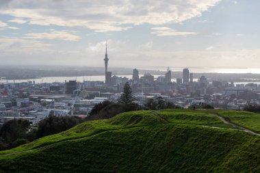 Auckland, Yeni Zelanda 'nın panoramik manzarası gökyüzü kulesi ve bulutlu bir gökyüzünün altında yemyeşil tepelerle gökyüzünü gösteriyor..
