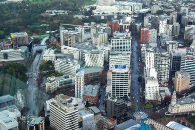 Arka planda modern binalar, sokaklar ve yeşillik içeren hareketli bir şehir manzarası. Sahne, şehir yaşamının canlılığını araçlar ve yayalarla yakalıyor..